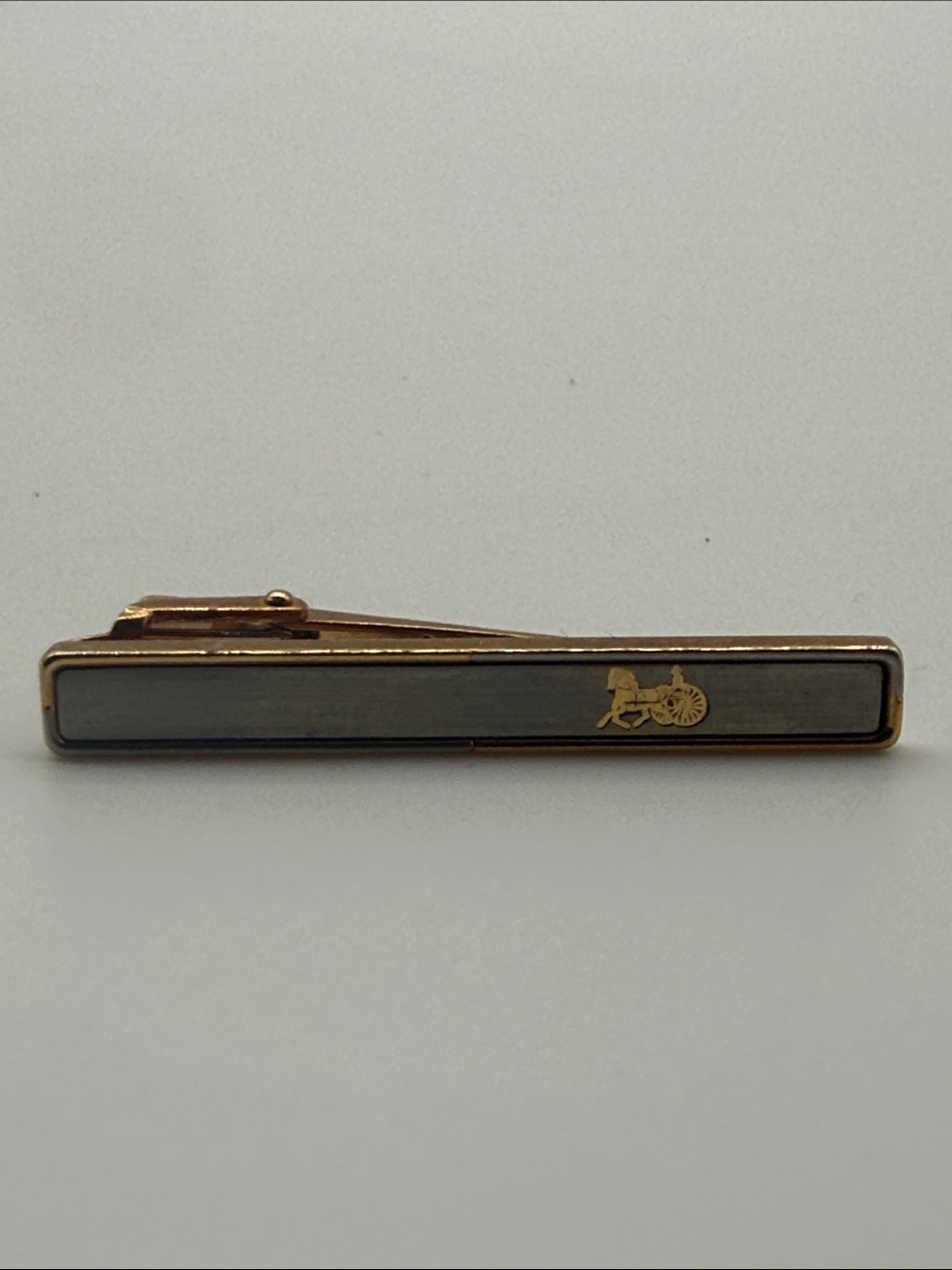Vintage Celine Tie Bar Clip Gold & Silver Tone Horse Carriage Logo 2"